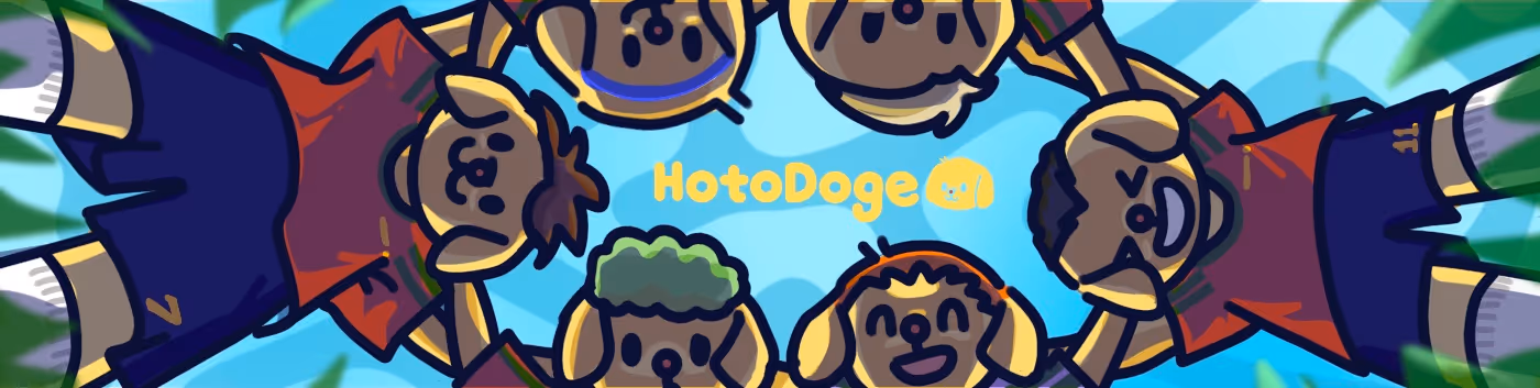 HotoDoge 角色围成一圈的品牌插图横幅